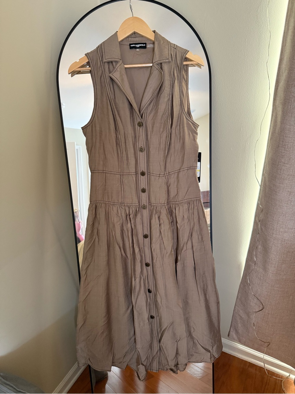 KARL LAGERFELD Sleeveless Button-Front Taupe Midi Dress